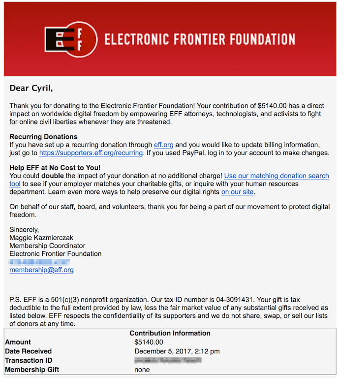 Donation de Ninja Squad d'un montant de 4500€ ($5.140) à l'Electronic Frontier Foundation